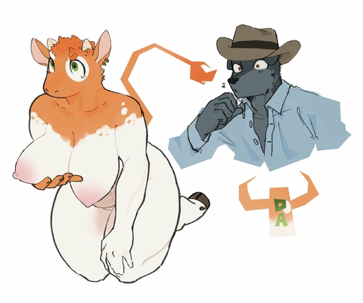 anthro areola bovid bovine breast_grab breasts canid canine canis cattle clothing cowboy_hat duo ear_piercing ear_ring female goon_(goonie_san) goonie-san hand_on_breast hat headgear headwear hi_res holding_breast male mammal musical_note nipples nude piercing wolf // 2394x2000 // 229.0KB