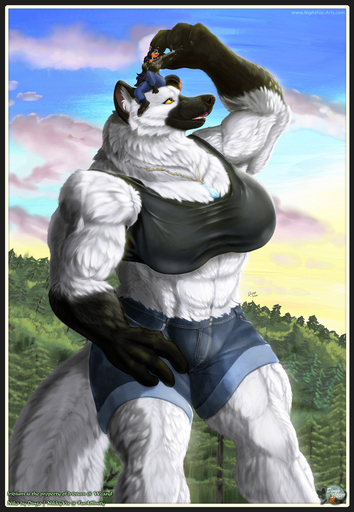 abs anthro black_border border canid canine canis clothed clothing duo female fox fur hair hi_res iridium jewelry macro mammal muscular muscular_female necklace nikkyvix outside smile standing wolf // 1106x1600 // 820.2KB