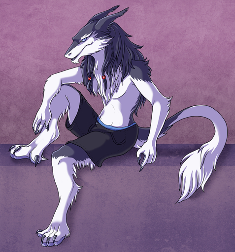 angry anthro beads biped black_claws blue_eyes bottomwear claws clothed clothing hair hair_beads heresy-darling long_hair looking_at_viewer male mammal nadish_(character) reclining red_beads sergal shorts side_view simple_background sitting solo topless // 750x805 // 761.7KB