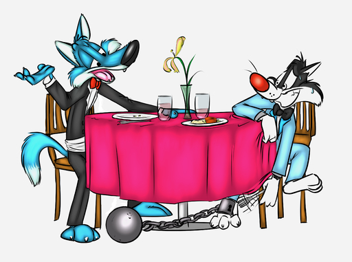 absurd_res anthro ball_and_chain bow_tie canid canine canis clothed clothing cutlery domestic_cat duo felid feline felis flower food forced fork fully_clothed furniture glass hi_res humor kitchen_utensils lock male mammal open_mouth plant robbie_(rotten_robbie) rotten_robbie simple_background suit sylvester table tobifur tools toony weaselgrease white_background wolf // 3735x2781 // 2.4MB