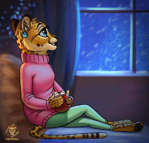 anthro beverage blue_eyes candy cheetah chocolate clothed clothing container cup dessert ear_piercing ear_ring evening felid feline female food fur furniture hot_chocolate inner_ear_fluff inside julia_(vestina) leggings legwear looking_aside mammal marshmallow pawpads paws piercing smile snow snowing sofa solo spots spotted_body spotted_fur sweater topwear tuft vestina yellow_body yellow_fur // 936x900 // 463.7KB