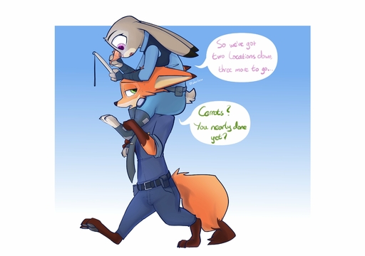 2020 absurd_res anthro barefoot belt blue_background bottomwear canid canine carrying claws clothed clothing dialogue dipstick_ears dipstick_tail duo english_text feet female footwear fox fully_clothed fur gloves_(marking) gradient_background green_eyes grey_body grey_fur hi_res holding_object judy_hopps lagomorph leporid male mammal markings multicolored_body multicolored_ears multicolored_fur multicolored_tail necktie nick_wilde on_shoulders orange_body orange_fur pants pawpads police_uniform purple_eyes rabbit red_fox shirt simple_background size_difference speech_bubble tail_markings text toe_claws toeless_footwear toeless_legwear topwear two_tone_body two_tone_fur uniform vulpes walking zhanbow // 4480x3150 // 447.9KB