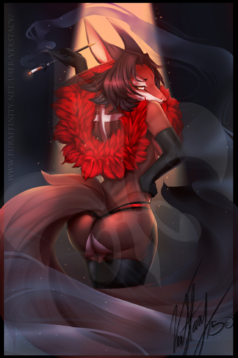 absurd_res anthro butt canid canine cigarette clothed clothing female fox hair half-closed_eyes hi_res legwear lingerie looking_at_viewer looking_back mammal narrowed_eyes panties skimpy smile smoke solo thigh_highs thong underwear vexstacy watermark // 1619x2428 // 496KB