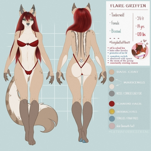 1:1 anthro bra breasts camel_toe canid canine canis clothed clothing ear_piercing english_text extrafurrestrial female flare_griffin fur hair hi_res industrial_piercing long_hair looking_at_viewer mammal model_sheet piercing red_hair simple_background solo text thong underwear wolf yellow_eyes // 2289x2289 // 1.0MB