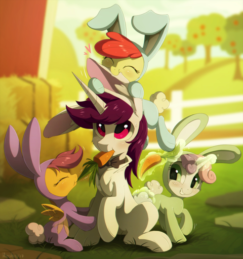 2017 apple_bloom_(mlp) carrot clothed clothing costume day detailed_background equid equine eyes_closed female feral food grass green_eyes group hair hi_res hioshiru horn horse male mammal outside pegasus plant purple_hair red_hair scootaloo_(mlp) smile sweetie_belle_(mlp) unicorn vegetable wings // 1199x1280 // 1.3MB