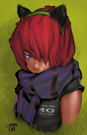 2008 blue_eyes clothed clothing doxy emo fake_cat_ears fake_ears female green_background hair hair_over_eye human looking_at_viewer mammal not_furry one_eye_obstructed portrait red_hair scarf simple_background solo teenager young // 463x720 // 217.5KB