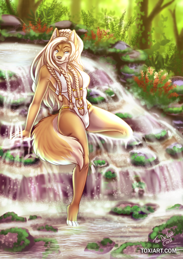 4_toes anthro barefoot breasts canid canine canis claws clothing feet female freya_(tanrowolf) hair hi_res mammal nature pinup pose solo swimwear text toes toxi_de_vyne_(artist) url waterfall wolf // 905x1280 // 1.9MB