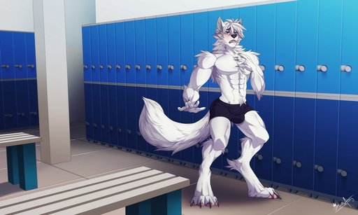 5:3 anthro blush bulge canid canine clothed clothing fur hazakyaracely inside locker_room looking_at_viewer male mammal mostly_nude muscular muscular_anthro muscular_male open_mouth solo standing topless white_body white_fur // 1280x768 // 156.4KB
