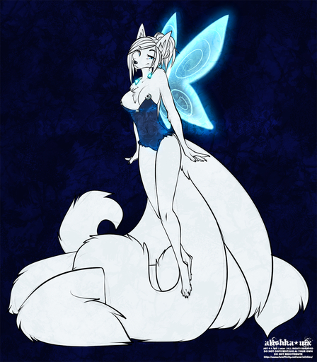 2020 4_toes 5_fingers alishka anthro blue_eyes breasts canid canine clothed clothing digital_media_(artwork) eyebrows eyelashes fairy feet female fingers fox fur hair hi_res mammal multi_tail smile solo toes white_body white_fur white_hair // 1120x1280 // 1.7MB