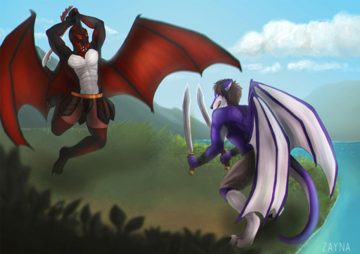 anthro canid canine canis claws clothed clothing digital_media_(artwork) dragon due duo fight hair hybrid male mammal mane melee_weapon open_mouth paws scalie sword weapon wings wolf zayna // 1280x905 // 1.4MB