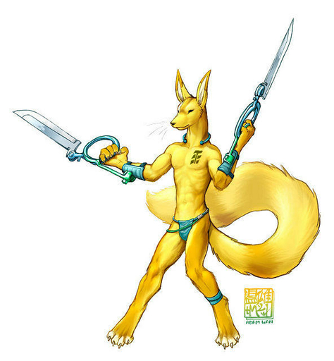 abstract_background anthro bottomwear bulge citra clothed clothing digital_media_(artwork) fluffy fluffy_tail fur holding_object holding_weapon jewelry loincloth male mammal necklace ring simple_background solo tattoo topless weapon yellow_body yellow_fur zaush // 592x640 // 48.5KB