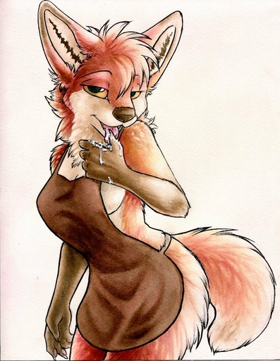 anthro apron apron_only biped bodily_fluids breasts canid canine claws clothed clothing cum female fox fur genital_fluids gloves_(marking) half-closed_eyes licking looking_at_viewer mammal markings mostly_nude narrowed_eyes red_body red_fur ruaidri seductive side_boob simple_background skimpy solo standing tongue tongue_out yellow_eyes // 764x986 // 161.9KB