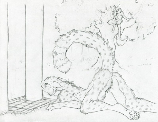 2011 all_fours anthro ass_up cheetah duo felid feline female genitals lying mammal nude on_front outside plant pussy raised_tail ruaidri sketch tree voyeur wood // 797x619 // 64KB