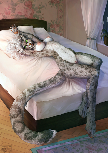 2017 4_toes 5_fingers anthro araivis-edelveys bed breasts detailed_background digital_media_(artwork) digitigrade feet felid female fingers fur furniture genitals green_eyes grey_body grey_fur hair hi_res looking_at_viewer lying mammal navel nipples nude on_back on_bed open_mouth orange_nose pantherine pussy smile snow_leopard solo spots spotted_body spotted_fur teeth toes tongue white_body white_fur white_hair // 1500x2132 // 1.6MB