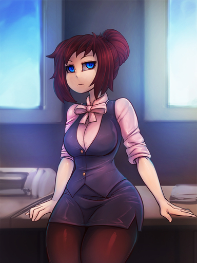 blue_eyes breasts brown_hair clothing day female general-irrelevant hair hi_res human human_only inside legwear looking_up mammal not_furry pantyhose ribbons solo window // 1080x1440 // 667.7KB
