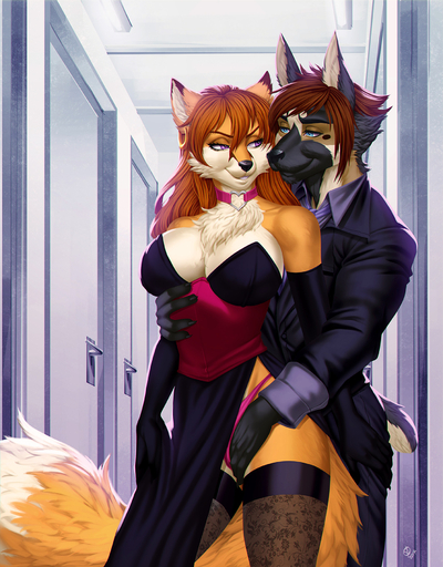 2017 alanscampos anthro armwear big_breasts blue_eyes breasts brown_hair canid canine canis chest_tuft choker clothing domestic_dog dress duo ear_piercing elbow_gloves female fluffy fluffy_tail fox german_shepherd gloves hair hand_in_panties hand_in_underwear handwear herding_dog hi_res jewelry legwear male mammal necklace panties pastoral_dog piercing side_slit small_waist smile stockings story story_in_description tamara_fox thigh_highs tuft underwear wesley_(thekazbat) // 1405x1800 // 922.2KB