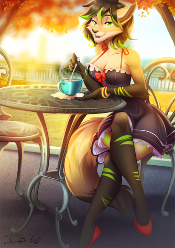 2018 5_fingers anthro biped breasts clothed clothing detailed_background digital_media_(artwork) domestic_cat felid feline felis female fingers kammi-lu mammal sitting smile solo // 707x1000 // 536KB