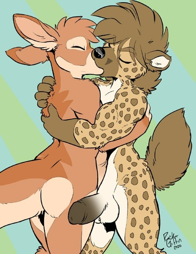 2020 anthro balls brown_body brown_fur brown_tail butt butt_heart duo erection eyes_closed fur genitals hand_on_back hug hyaenid kangaroo karhyena kissing macropod male malemale mammal marsupial penis rick_griffin romantic signature simple_background spots spotted_hyena west_of_heaven // 617x800 // 98.5KB