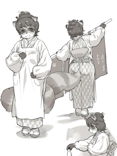 3:4 anthro apron asian_clothing canid canine clothed clothing digital_media_(artwork) east_asian_clothing female fluffy fluffy_tail fur furgonomics greyscale hair japanese_clothing kemono kikurage kimono looking_at_viewer mammal monochrome raccoon_dog ringtail shaded simple_background solo standing tail_clothing tanuki white_background // 600x800 // 115.0KB
