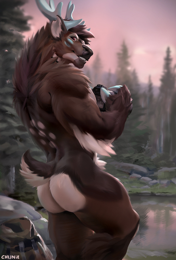 2020 anthro arm_tuft backpack blue_antlers brown_body brown_fur butt calf_tuft camera capreoline cervid chunie detailed_background digital_media_(artwork) elbow_tufts fingers forest fur hi_res holding_camera holding_object hooved_fingers hooves leg_tuft looking_at_viewer looking_back male mammal marsh_deer muscular muscular_anthro muscular_male nude outside plant rear_view red_eyes solo spots tree tuft water westt white_body white_butt white_fur white_spots // 865x1280 // 396.2KB