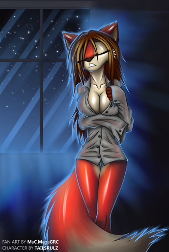 anthro big_breasts breasts canid canine cassandra_(tailsrulz) cleavage clothed clothing eyes_closed female fox hi_res macmegagerc mammal night solo star thigh_gap // 1088x1618 // 1.4MB