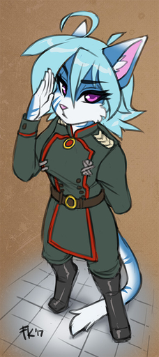 2017 anthro badge belt biped blue_body blue_fur blue_hair boots breasts clothed clothing coat cosplay digital_media_(artwork) digitigrade domestic_cat felid feline felis female fluff-kevlar footwear foreshortening fur gesture hair high-angle_view inner_ear_fluff looking_at_viewer mammal medal military military_uniform multicolored_body multicolored_fur pink_eyes purple_eyes salute simple_background solo standing topwear trenchcoat tuft two_tone_body two_tone_fur uniform vikna white_body white_fur // 408x918 // 157.7KB