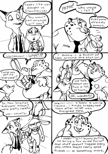 annoyed anthro badge begging benjamin_clawhauser blush canid canine caught cheetah claws clothing comic dialogue disney ears_back ears_down embarrassed english_text eric_schwartz felid feline female fox fur group half-closed_eyes hi_res inside judy_hopps lagomorph larger_male leporid lifted_by_clothing lifting looking_at_viewer male mammal monochrome narrowed_eyes necktie nick_wilde open_mouth panic pivoted_ears police_uniform rabbit simple_background size_difference smaller_female smile smug speech_bubble spots spotted_body spotted_fur surprise text uniform zootopia // 906x1280 // 313.7KB