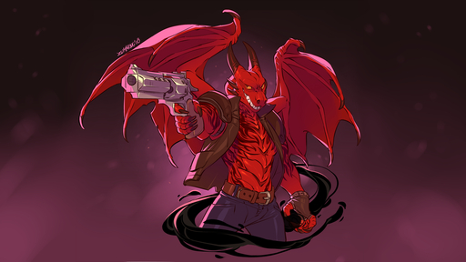 16:9 2018 5_fingers abs anthro belt bottomwear claws clothed clothing cygnis_flayinthere digital_media_(artwork) dragon fangs fingers gloves gun handgun handwear holding_gun holding_object holding_weapon horn jacket legwear magic magic_user male membrane_(anatomy) membranous_wings muscular muscular_anthro muscular_male pants pecs pistol ranged_weapon red_body red_scales reptile revolver scales scalie sharp_teeth smile smoke solo spell standing tattoo teeth topwear video_games weapon western_dragon widescreen wings yellow_eyes zummeng // 1280x720 // 555.2KB