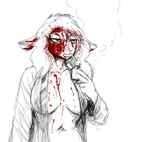 2017 anthro big_breasts black_and_white_and_red blood bodily_fluids boss_lamb_(hladilnik) bovid breasts caprine cigarette cleavage clothed clothing domestic_sheep female hair half-closed_eyes half-length_portrait hladilnik lighter mammal mature_anthro mature_female midriff narrowed_eyes nipple_outline open_clothing open_shirt open_topwear portrait restricted_palette sheep shirt simple_background sketch smoking solo topwear white_background // 1280x1152 // 806.3KB