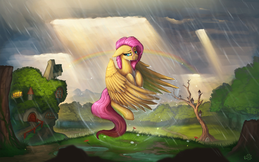 16:10 2015 blue_eyes bodily_fluids crying digital_media_(artwork) equid equine feathered_wings feathers female feral fluttershy_(mlp) flying friendship_is_magic hair hasbro hi_res horse mammal my_little_pony pegasus photonoko pink_hair rainbow rainbow_arch solo tears widescreen wings yellow_body yellow_feathers // 1920x1200 // 1.0MB