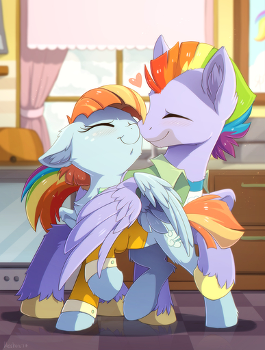 2017 blue_body blue_fur bow_hothoof_(mlp) detailed_background duo equid equine eyes_closed female feral fur hair hi_res hioshiru hooves horse husband_and_wife male mammal married_couple multicolored_hair pegasus rainbow_hair romantic romantic_couple smile standing windy_whistles_(mlp) wings // 967x1280 // 961.3KB