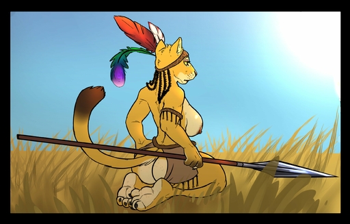 anthro barefoot big_breasts biped breasts countershade_feet countershading feet felid female grass hi_res kneeling lion makeup mammal mascara melee_weapon nipples outside pantherine plant polearm siroc soles solo spear tribal weapon // 2700x1724 // 377.0KB