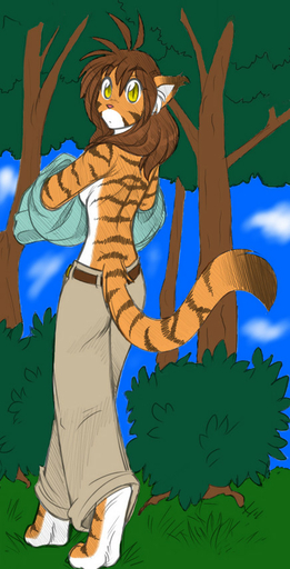 anthro bare_back bottomwear breasts brown_hair casual_exposure clothed clothing conditional_dnp digitigrade felid female flora_(twokinds) fur hair keidran long_hair looking_at_viewer mammal orange_body orange_fur pantherine pants partially_clothed paws shirt shoulder_blades side_boob solo stripes tan_clothing teal_clothing tiger tom_fischbach topwear twokinds webcomic webcomic_character white_body white_fur xbox360720 yellow_eyes // 436x854 // 118.8KB