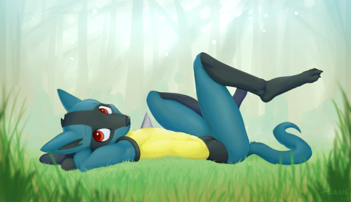 anthro barefoot biped black_body black_fur blue_body blue_fur canid canine feet fur grass hands_behind_head lucario lying male mammal on_back outside plant pokemon_(species) red_eyes solo twang video_games yellow_body yellow_fur // 1227x704 // 781KB