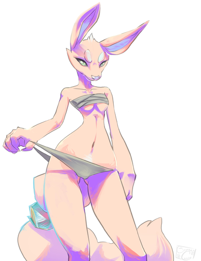 absurd_res anthro bandage breasts canid canine clothing clothing_pull female fennec fox grungecandy hi_res looking_at_viewer mammal midriff navel panties panty_pull simple_background solo standing teasing underwear underwear_pull vulpes white_background wide_hips // 2000x2600 // 1.1MB