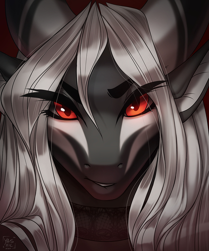 2020 5:6 digital_media_(artwork) dragon eyebrows eyelashes female headshot_portrait horn looking_at_viewer portrait red_eyes smile yasmil // 900x1080 // 1.1MB