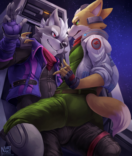 anthro butt canid canine canis clothed clothing duo fox fox_mccloud fully_clothed male malemale mammal nurinaki on_lap sitting sitting_on_lap smile smirk video_games wolf wolf_o'donnell // 847x1000 // 1.0MB