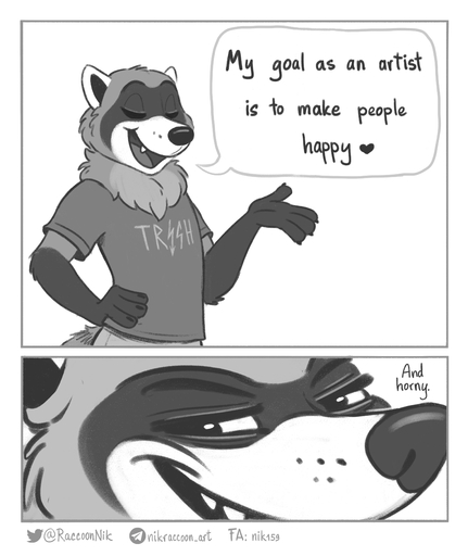 2021 <3 absurd_res anthro bottomwear clothed clothing comic dialogue digital_drawing_(artwork) digital_media_(artwork) english_text eyes_closed greyscale hi_res humor looking_at_viewer male mammal monochrome narrowed_eyes nik159 nik_(nik159) pants procyonid raccoon shirt simple_background smile solo t-shirt text topwear url white_background // 3281x3894 // 2.0MB