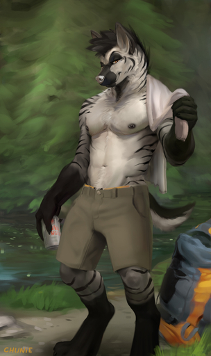 2018 ace_(graydiel) anthro backpack bottomwear chunie clothed clothing detailed_background digital_media_(artwork) forest fur grey_body grey_fur hi_res holding_object hyaenid lake looking_at_viewer male mammal muscular muscular_anthro muscular_male nipple_piercing nipples orange_eyes pecs piercing plant shorts smile solo standing striped_hyena stripes topless towel tree v-cut water white_body white_fur white_nose // 761x1280 // 371.6KB