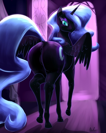 anatomically_correct anatomically_correct_genitalia anatomically_correct_pussy anus bedroom_eyes black_body black_feathers butt butt_focus cool_colors cutie_mark equid equine feathered_wings feathers female feral friendship_is_magic genitals half-closed_eyes hasbro hi_res hooves horn horse looking_at_viewer looking_back mammal my_little_pony narrowed_eyes nightmare_moon_(mlp) nivrozs presenting presenting_anus presenting_hindquarters presenting_pussy pussy raised_tail rear_view restricted_palette seductive solo winged_unicorn wings // 1250x1562 // 253.0KB