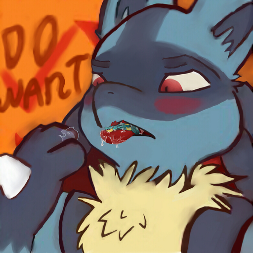 1:1 ambiguous_gender anthro black_body black_fur blue_body blue_fur blush bodily_fluids canid canine feraligatr fur hi_res imminent_vore lucario mammal micro open_mouth orange_background patto pokemon_(species) redraw saliva simple_background solo tinyfuzzy unknown_(disambiguation) video_games vore yellow_body yellow_fur // 1240x1240 // 1.2MB