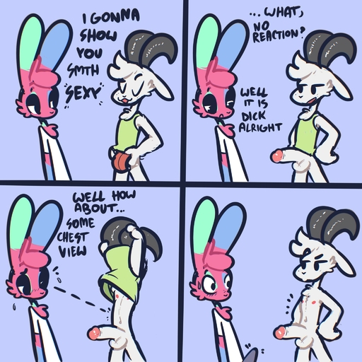 4_panel_comic anthro balls blue_body blue_fur bottomless bottomless_anthro bottomless_male bovid caprine cheek_tuft chest_tuft chibi clothed clothing curled_horns duo erection erection_under_clothing facial_tuft fur genitals goat green_body green_fur half-closed_eyes hi_res horn humor lagomorph leporid male malemale mammal narrowed_eyes penis pink_body pink_fur rabbit the_xing1 tuft undressing white_body white_fur xing_(the_xing1) // 2048x2048 // 363.9KB