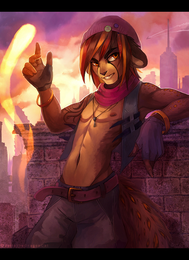 5_fingers anthro black_bars brown_eyes clothed clothing detailed_background digital_media_(artwork) domestic_cat felid feline felis fingerless_gloves fingers gloves handwear hat headgear headwear juliathedragoncat male mammal midriff navel nipples smile solo // 800x1100 // 1.1MB