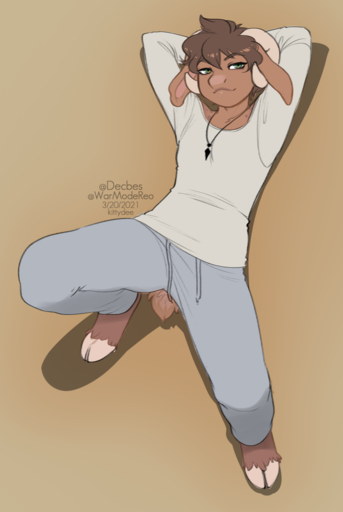 2021 anthro barefoot brown_background clothed clothing digital_media_(artwork) eyebrows eyelashes feet female green_eyes hi_res hooves horn jewelry kittydee looking_at_viewer lying necklace on_back simple_background smile solo unknown_species // 857x1280 // 373.4KB