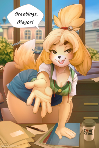 2017 2:3 animal_crossing anthro bedroom_eyes bent_over big_breasts black_nose breasts buckteeth canid canine canis cleavage clothed clothing curvy_figure daww dialogue digital_media_(artwork) domestic_dog english_text female hair half-closed_eyes inside isabelle_(animal_crossing) iskra looking_at_viewer mammal narrowed_eyes nintendo office open_mouth pinup pose seductive shaded shih_tzu solo teeth text thick_thighs toy_dog video_games voluptuous wide_hips // 600x900 // 899.6KB