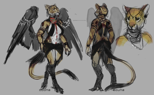 anthro avian breasts clothed clothing conditional_dnp feathered_wings feathers felid female hybrid mammal multiple_images oouna sketch solo standing wings // 1368x847 // 500KB