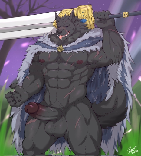 2022 abs anthro armpit_hair balls big_balls big_penis black_sclera blaidd_(elden_ring) blush body_hair canid canine canis claws cloak clothing erection facial_scar fangs finger_claws fur genitals greatsword grey_body grey_fur hi_res holding_object holding_sword holding_weapon humanoid_genitalia humanoid_penis looking_at_viewer male mammal melee_weapon muscular muscular_anthro muscular_male navel nickgray nipples pecs penis purple_eyes scar scars_all_over solo sword tongue tongue_out video_games weapon wolf // 1864x2048 // 352.0KB