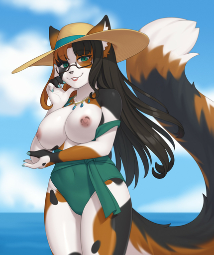 anthro areola black_hair blue_fingernails breasts brown_hair calico_cat clothing cloud cristalavi digital_media_(artwork) domestic_cat exposed_breasts eyewear felid feline felis female fluffy fluffy_tail glasses green_clothing green_eyes green_one-piece_swimsuit green_swimwear hair hat headgear headwear hi_res jewelry long_hair long_tail looking_at_viewer mammal melody_(mellybyte) mottled multicolored_hair navel_outline necklace nipples one-piece_swimsuit outside piebald pink_areola pink_nipples portrait sea shaded sky solo swimsuit_down swimwear three-quarter_portrait two_tone_hair water // 1075x1280 // 221.1KB