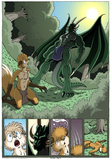 2015 abs anthro biceps big_muscles blue_eyes bottomwear canid canine claws clothed clothing comic detailed_background dialogue dragon duo dutch_angle fainting farin forest fox fur geminisaint green_body green_scales hi_res horn kneeling loincloth looking_up low-angle_view lying male mammal membrane_(anatomy) membranous_wings muscular nature nipples on_front open_mouth pecs plant plantigrade scales scalie scared sekk'ral size_difference speech_bubble standing topless tree triceps unconscious vein wide_eyed wings // 896x1280 // 470.3KB