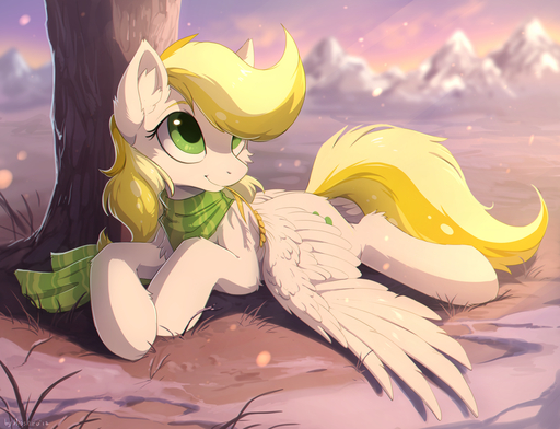 blonde_hair cutie_mark day detailed_background equid equine eyelashes fan_character feathered_wings feathers female feral fur green_eyes hair hioshiru hooves horse lying mammal outside pegasus scarf smile solo white_body white_feathers white_fur wings // 1280x981 // 1.1MB